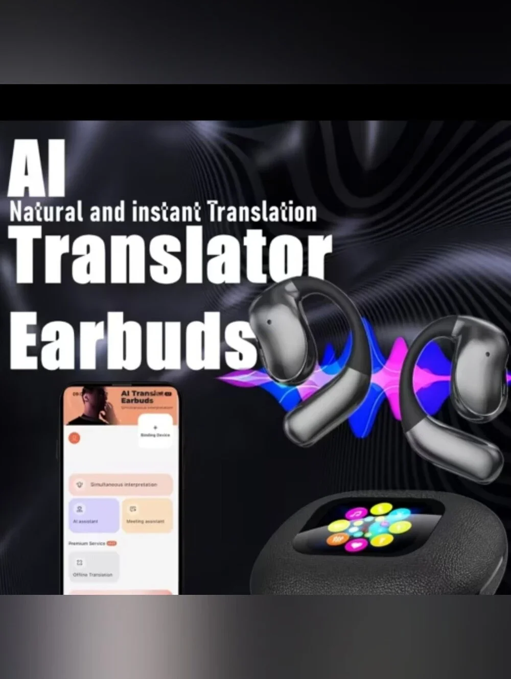 AI Translation Wireless Earbuds w/ Touchscreen Case – Real-Time Translator Bluet